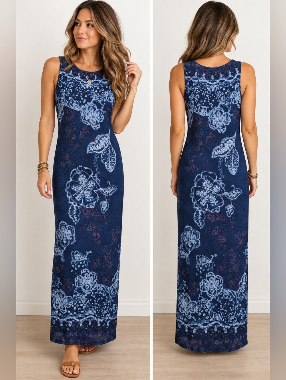 Byer Too California Blue Floral Paisley Sleeveless Maxi Dress M Made USA